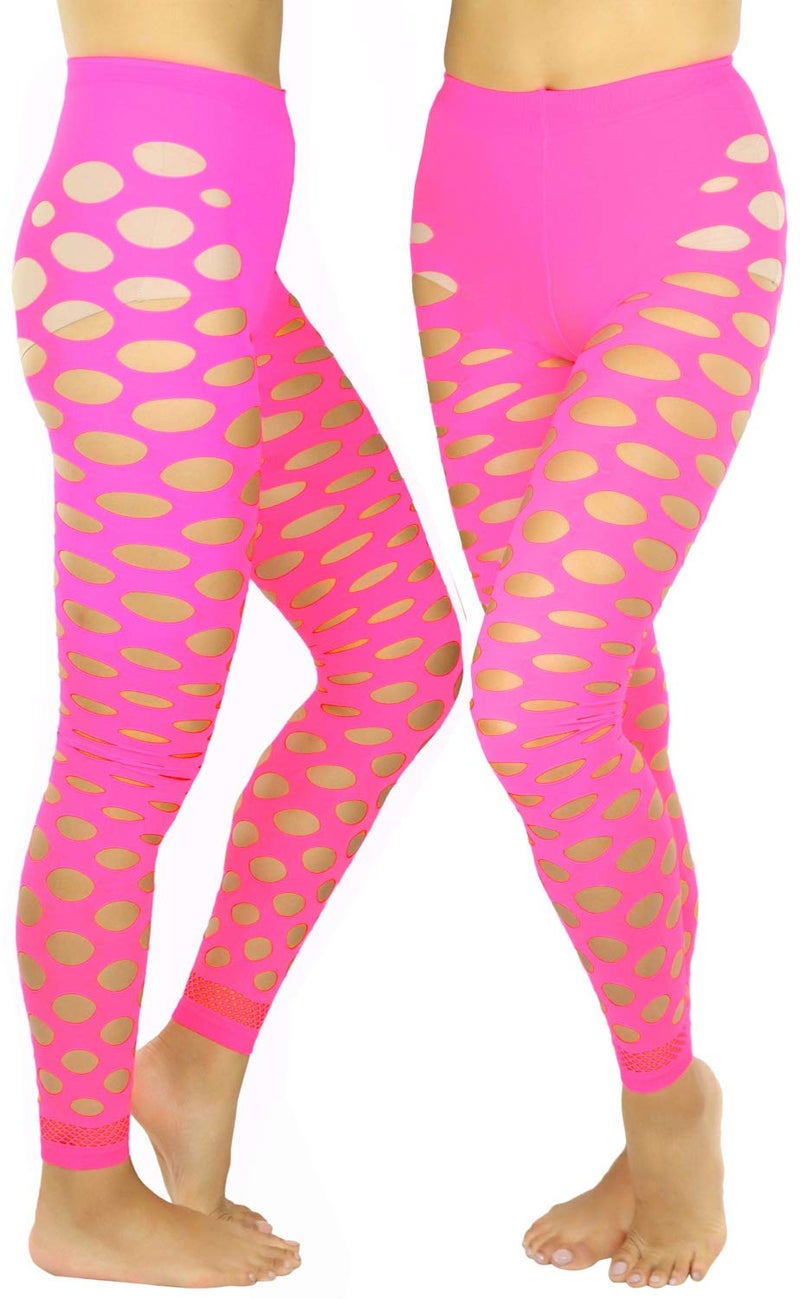 ToBeInStyle Womenâ€™s Pothole Rip Hole Punk Hosiery Tights Leggings Distressed Style - Circular Neon Pink - One Size - Image 2